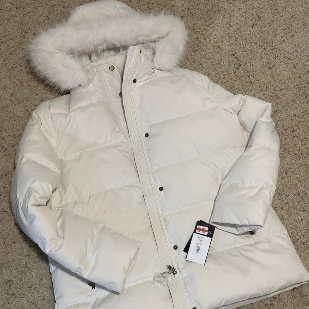 Lauren Ralph Lauren White Quilted Puffer with Faux Fur Hood